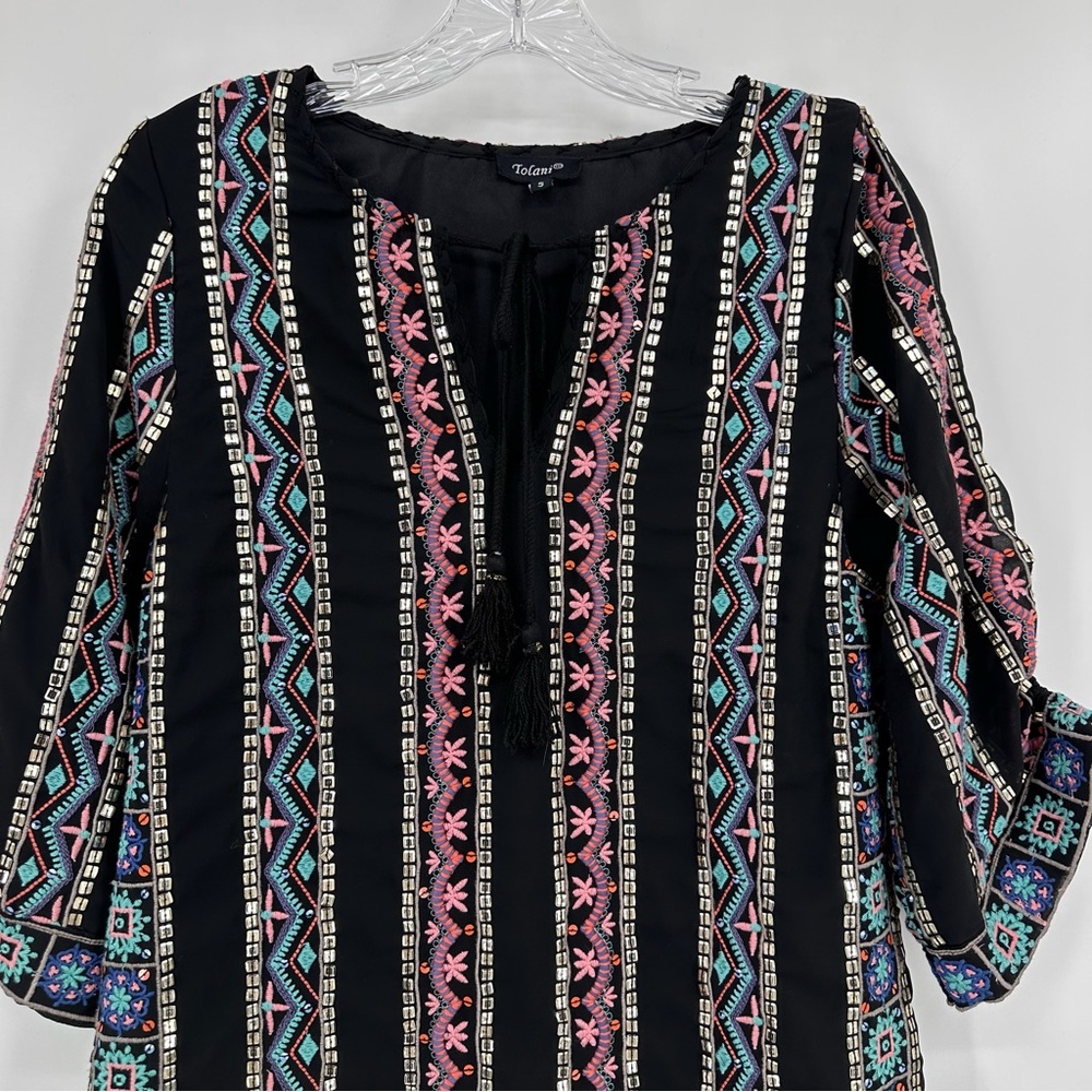 Tolani Kailani Hacienda Beaded Embroidered Tunic Dress Multicolored Size S - Picture 3 of 10